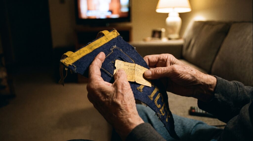 An older fan's hands holding a faded blue and gold baseball pennant and an old ticket stub