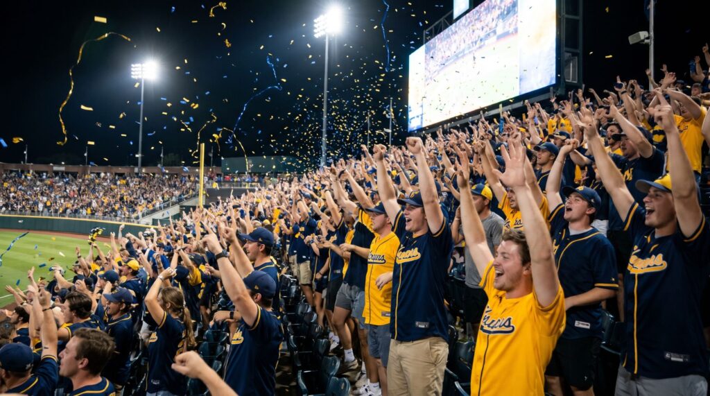 Thousands of baseball fans in navy and gold celebrating under confetti at a packed ballpark at night