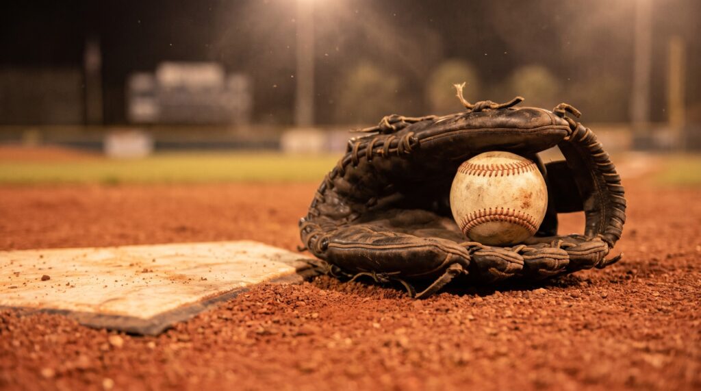 A catcher's mitt and a scuffed baseball resting on infield dirt under stadium lights