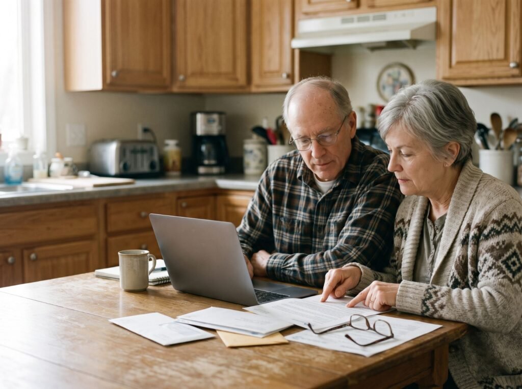 An older couple at a kitchen table reviewing insurance letters and a laptop together