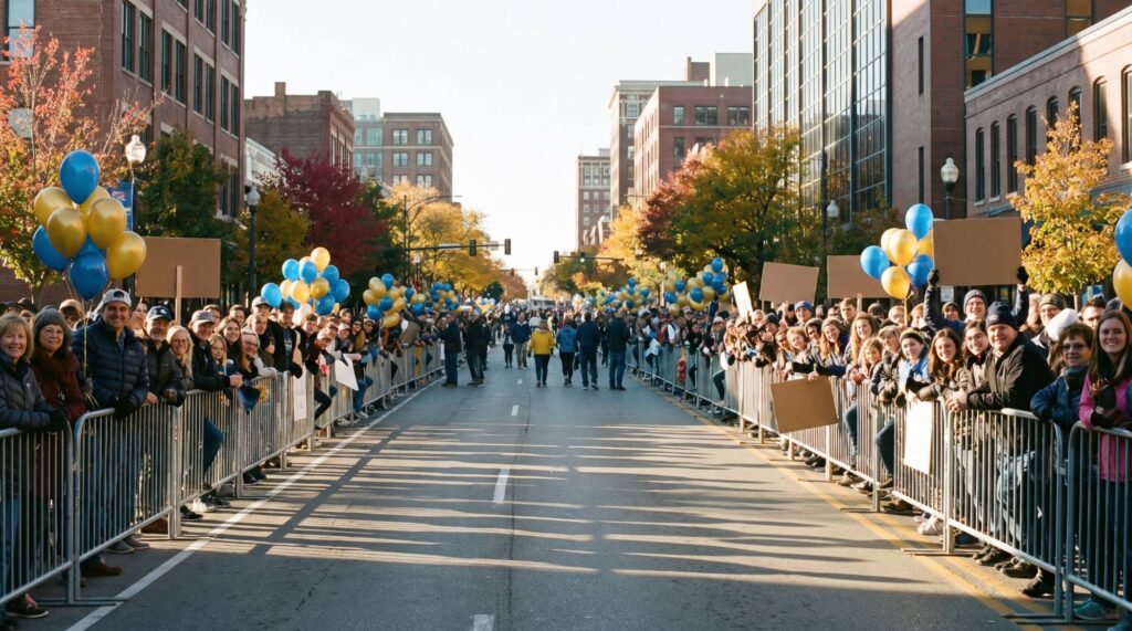 Fans lining a downtown street with blue and gold balloons waiting for a championship parade
