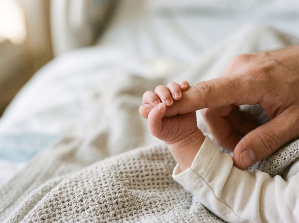 A newborn's hand gripping an adult's finger on a soft knitted blanket